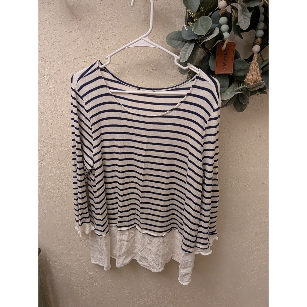 Navy White Striped Layered Ruffle Hem Long Sleeve Top Womens no size tag